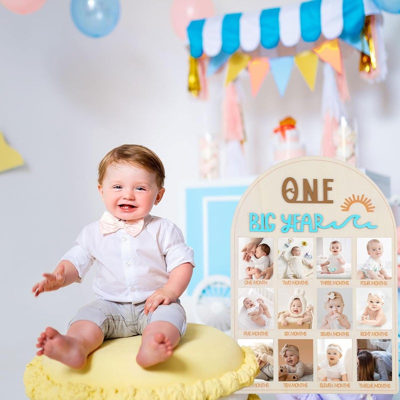 Yuuchoringee My First Year Photo Board Frame Milestones, One Year Birthday Wooden Photo Board, 12 Monthly Picture Frame Baby Wood Acrylic Sign 1st First Birthday Decorations for Girl Baby Keepsake Gifts(SyleA) - Image 4